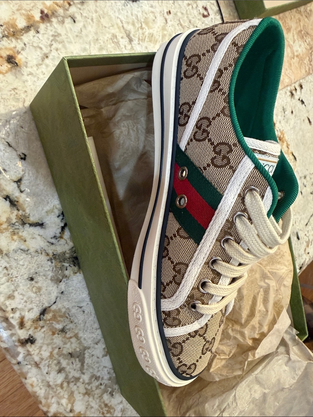Gucci Beige GG Canvas Low-Top Sneaker with Green & Red Stripe